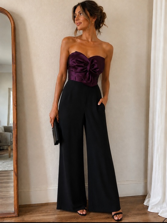 White House Black Market Pants - White House Black Market Strapless Purple Bow Bodice Wide-Leg Jumpsuit